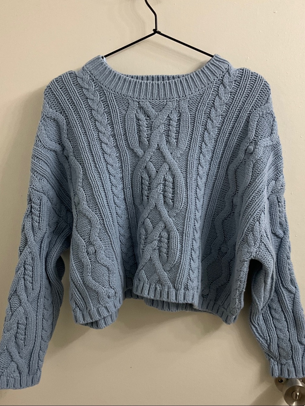 Cozy Light Blue Cable Knit Crew Sweater